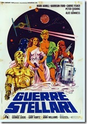 Manifesto originale di Guerre Stellari 1977. Da notare come i personaggi siano diversi da quelli del film illustrati con una grafica assai simile ai fumetti di fa